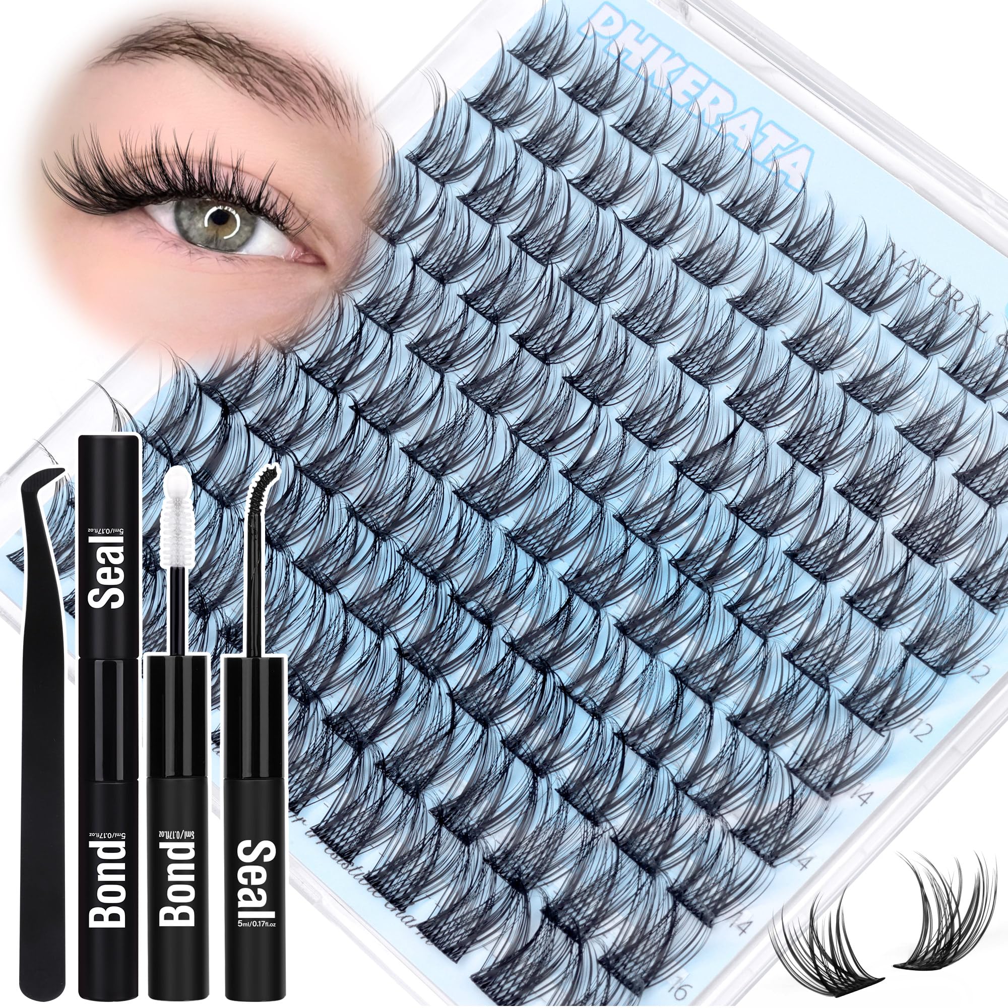 PHKERATA Natural Lash Clusters Kit Wispy Lash Extension Kit Cluster Eyelash Extensions Kit 110pcs DIY Eyelash Clusters at Home Individual Lashes with Lash Glue Bond and Seal and Tweezers 10-16mm Mix