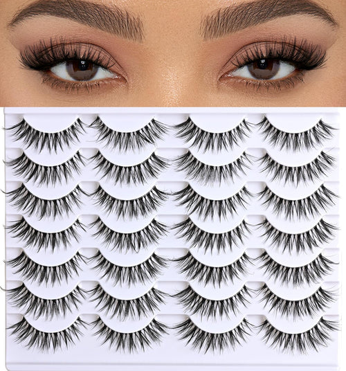 APCYUST Lashes Natural False Eyelashes Cat Eye Lashes 14 Pairs Clear Band Fake Eyelash Natural Lash Strips Fluffy Eye Lashes Pack Short Mink Strip Lashes Natural Look Wispies Cateye Lashes for Women